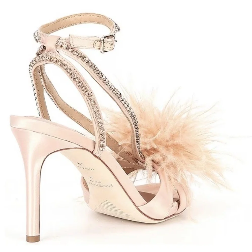 NEW Antonio Melani Collection Aurora Feathered Rhinestone Dress Sandals in Blush